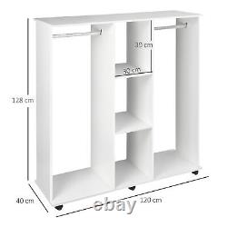 Mobile Double Open Wardrobe with Clothes Hanging Rail Colthing White